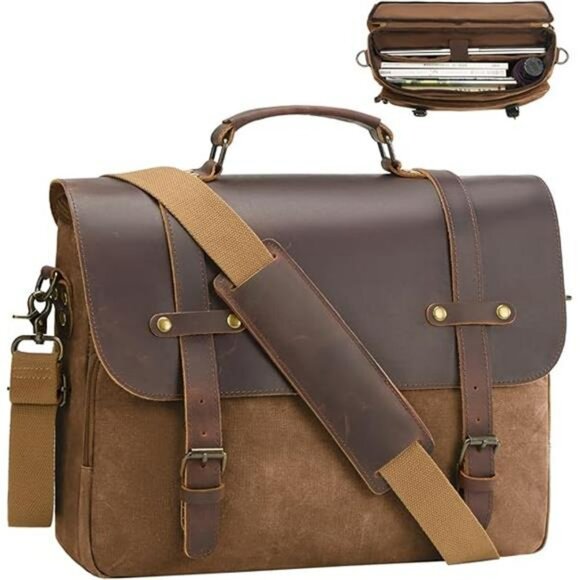 Mens Waxed Canvas Messenger Bag Leather Laptop Briefcase 15 Inch Work Satchel - Picture 7 of 7